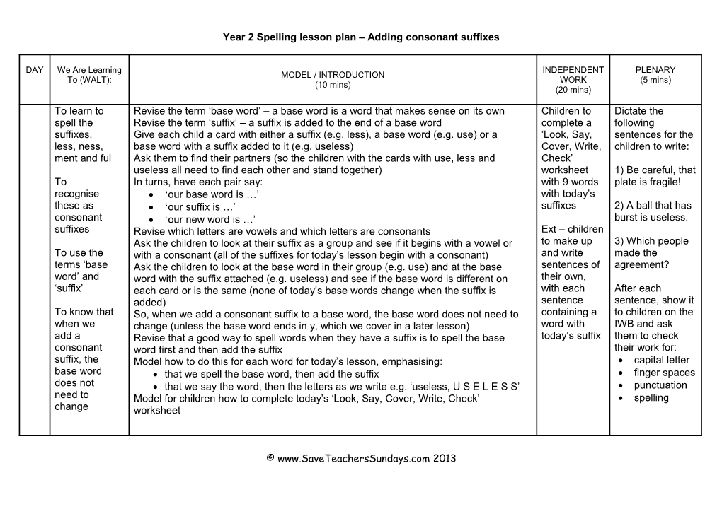 Year 2 Spelling Adding Consonant Suffixes Lesson Plan