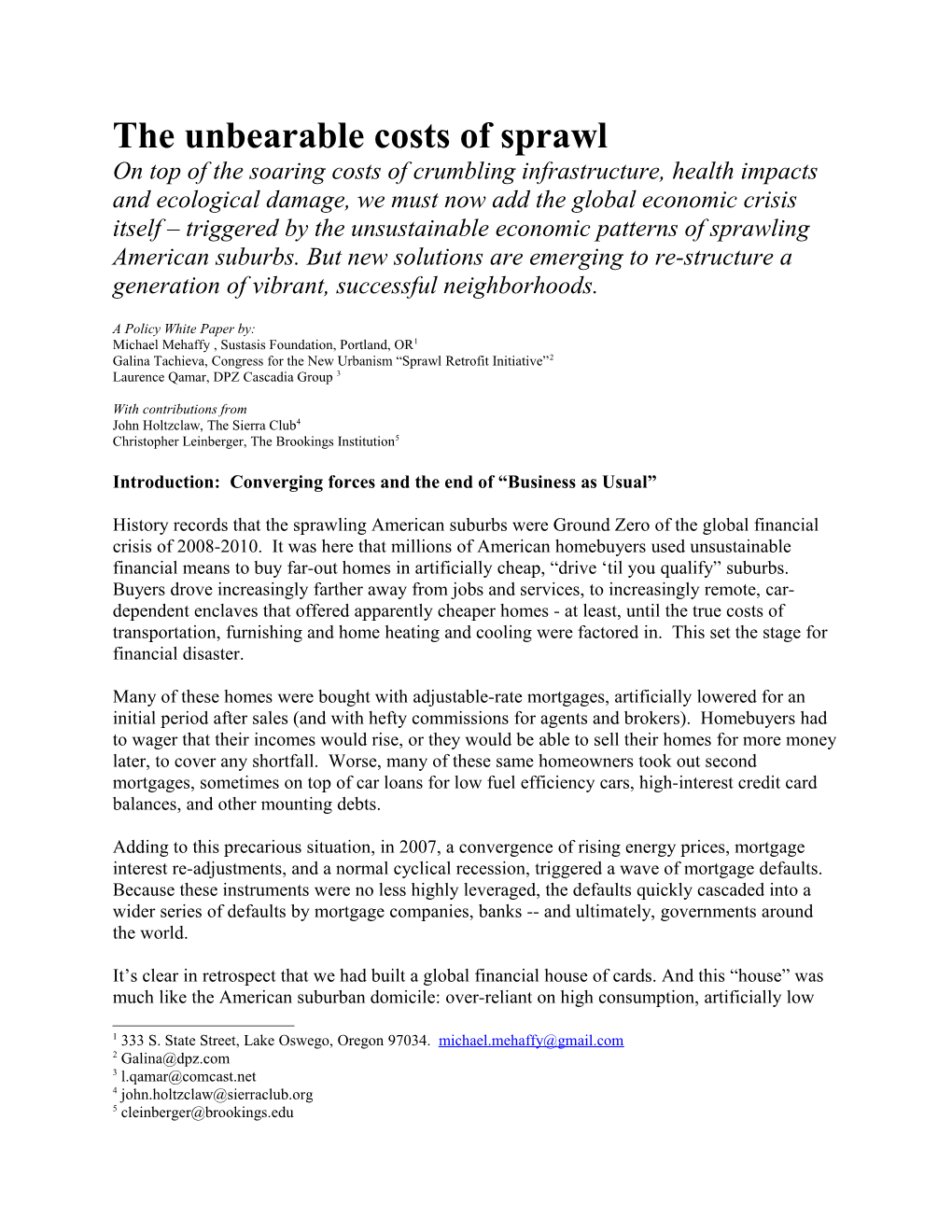 Notes on Sprawl Retrofit Policy White Paper