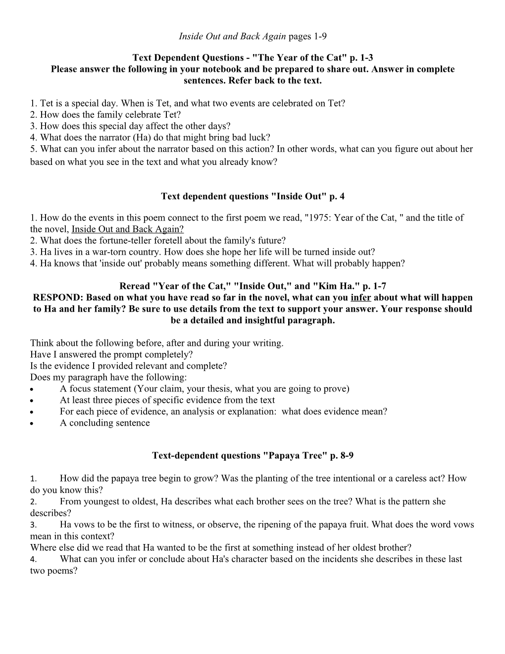 Text Dependent Questions - the Year of the Cat P. 1-3