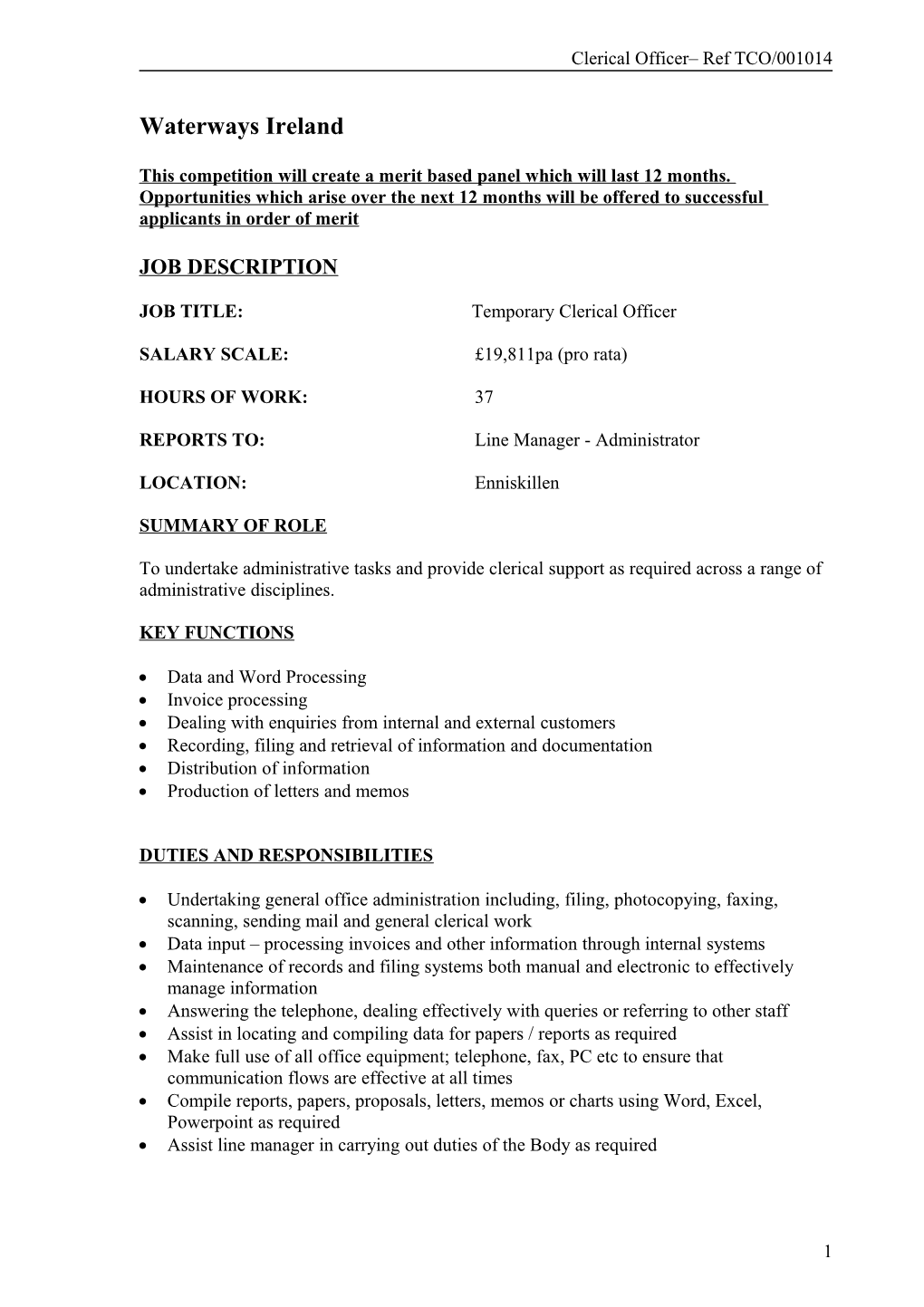 Clerical Officer Ref TCO/001014