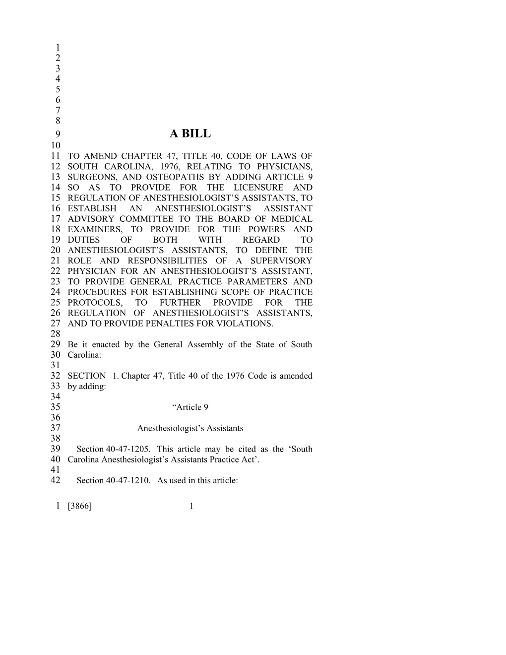 2001-2002 Bill 3866: Anesthesiologist's Assistants Practice Act, Licensure and Regulation