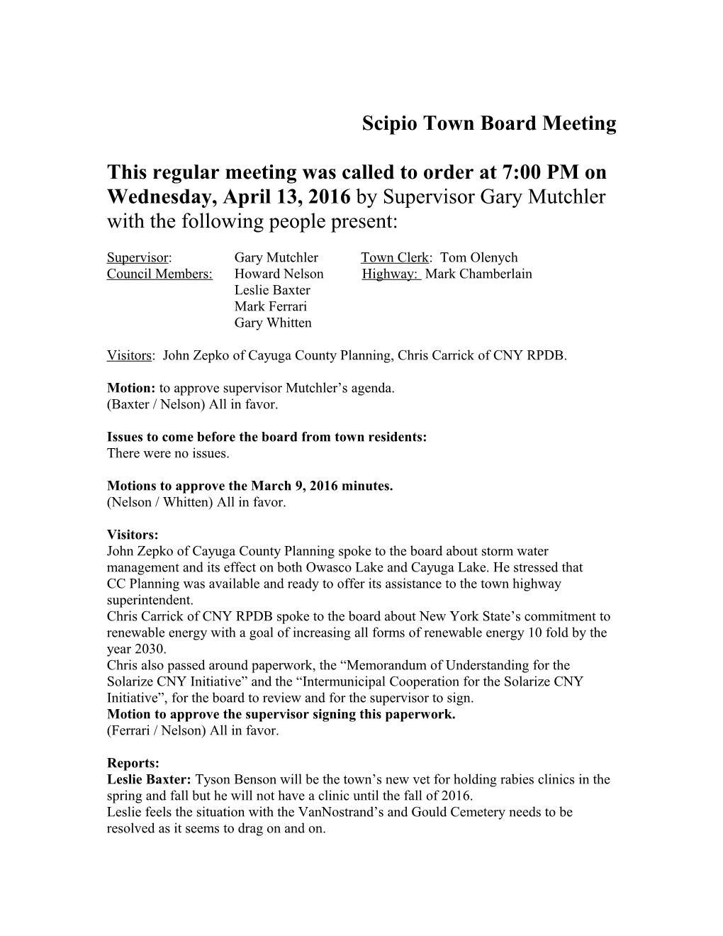 Scipio Town Board Meeting
