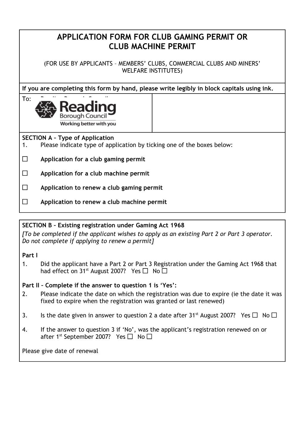 Application Form for Club Gaming Permit Or Club Machine Permit