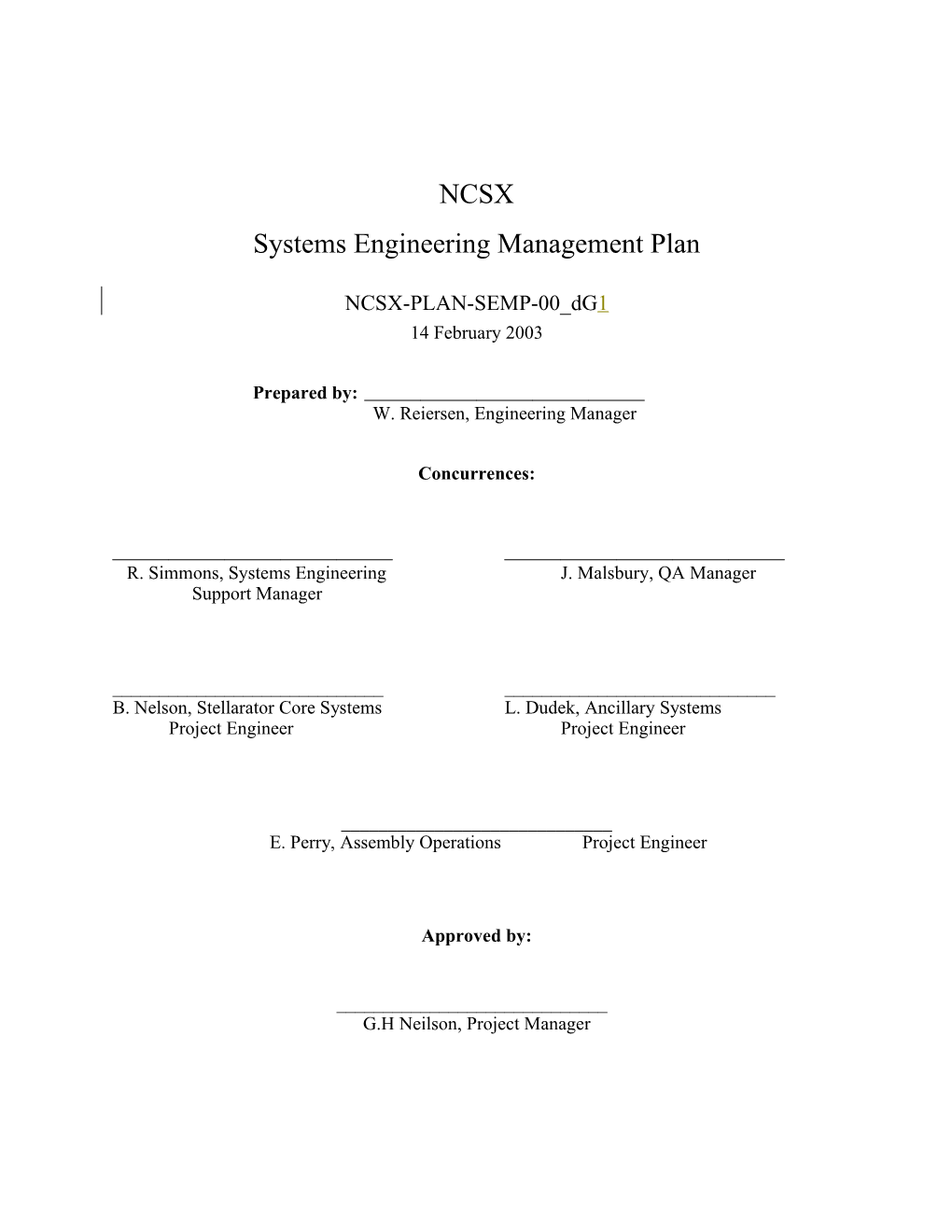 Systems Engineering Management Plan