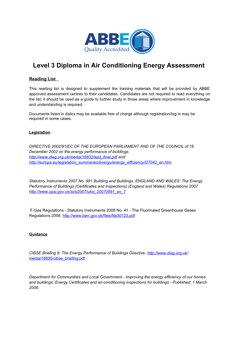Level 3 Diploma in Air Conditioning Energy Assessment