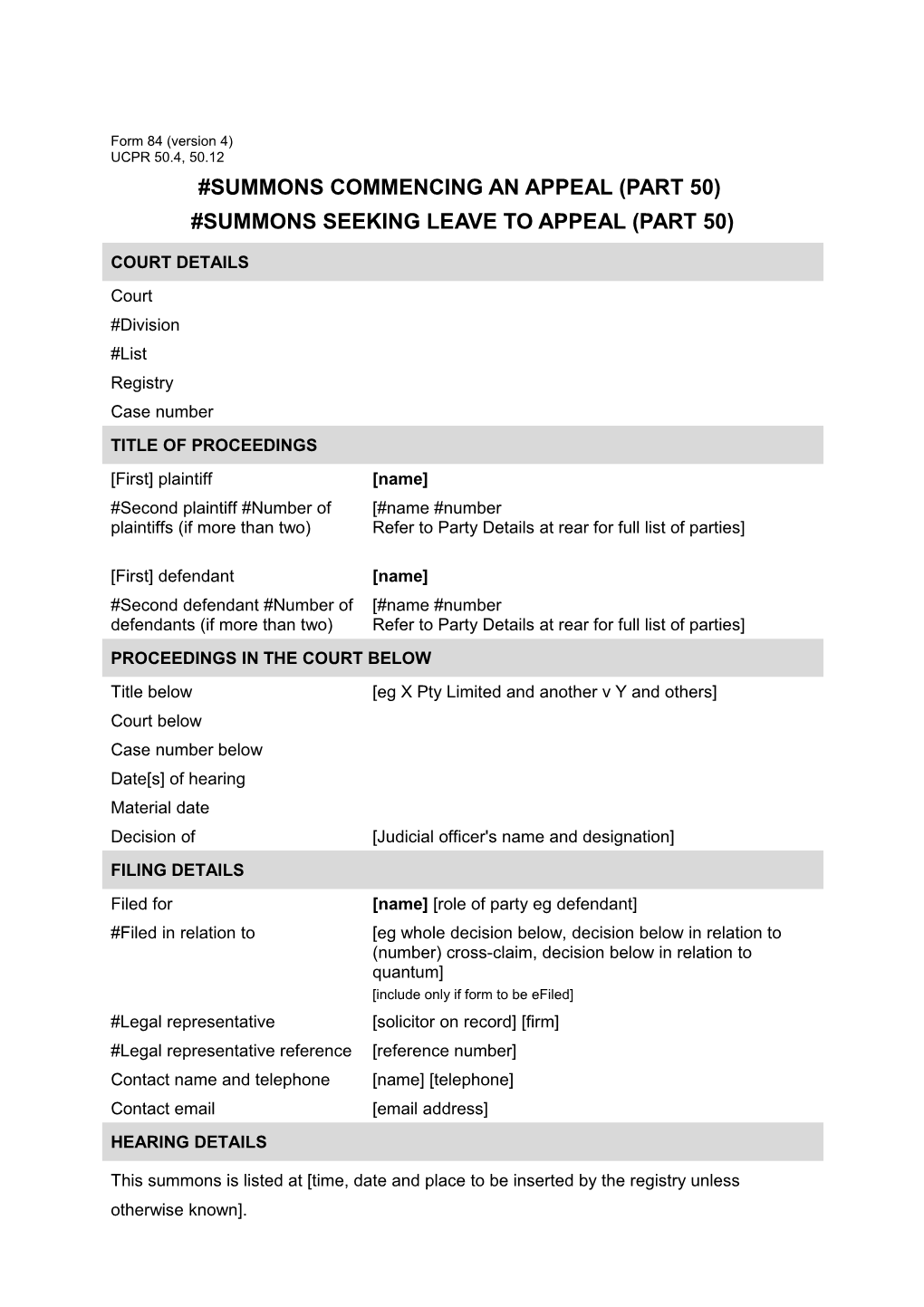 NSW UCPR Form 84 - Summons Commencing an Appeal (Part 50 Appeals)