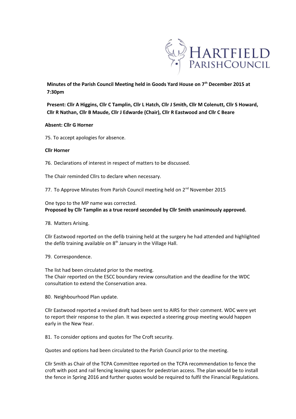 Minutes of the Parish Council Meeting Held in Goods Yard House on 7Th December 2015 at 7:30Pm