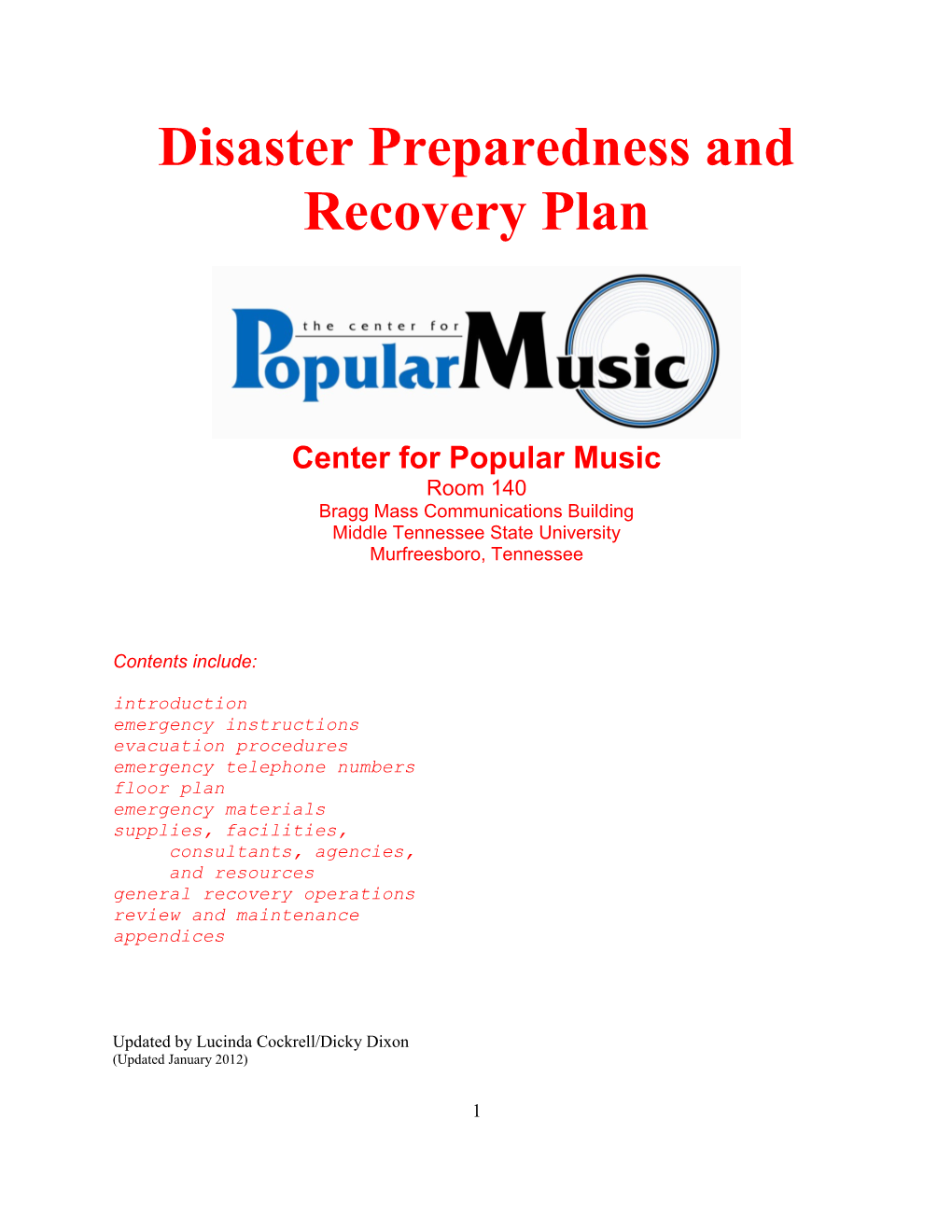 Disaster Preparedness and Recovery Plan