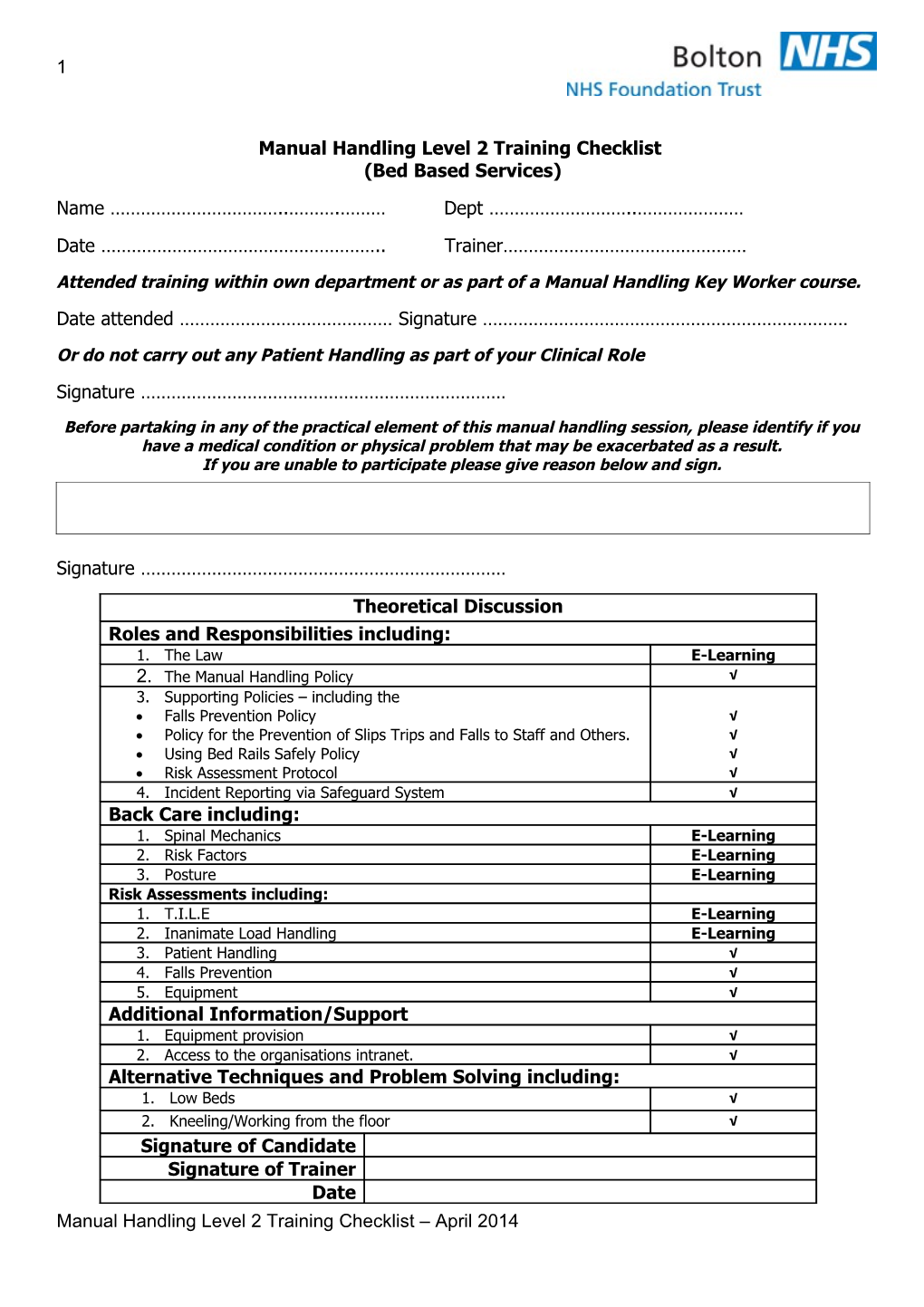 Manual Handling Level 2 Training Checklist