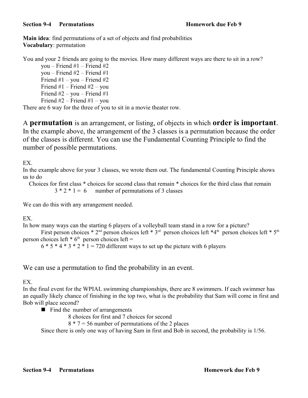 Section 9-4 Permutations Homework Due Feb 9