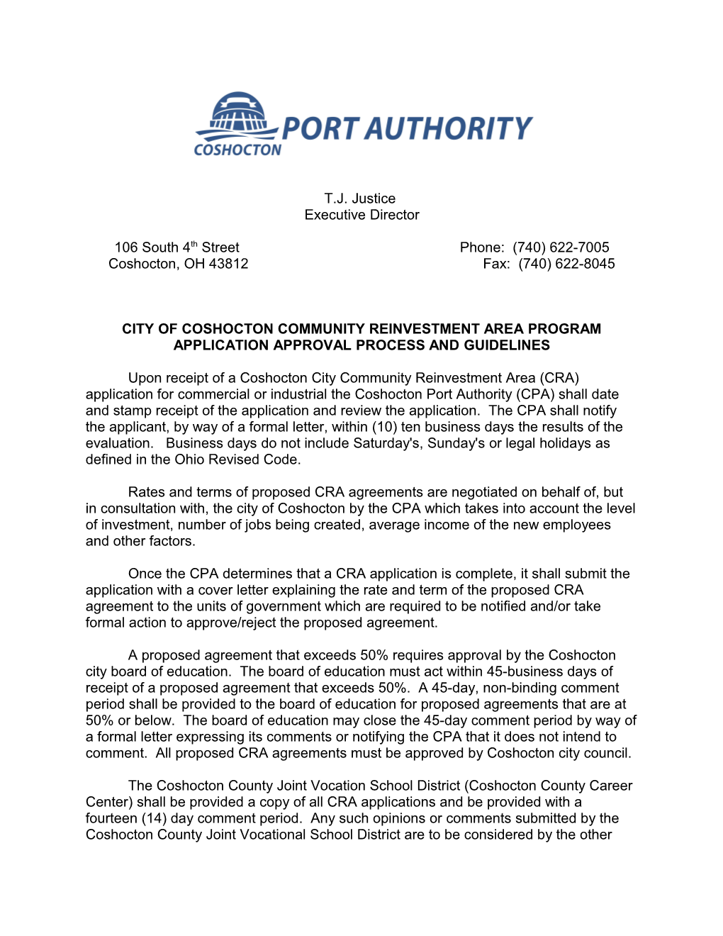 City of Coshocton Community Reinvestment Area Program Application Approval Process And