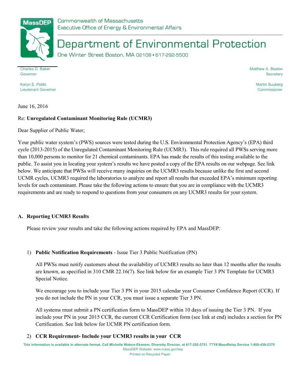 Re: Unregulated Contaminant Monitoring Rule (UCMR3)