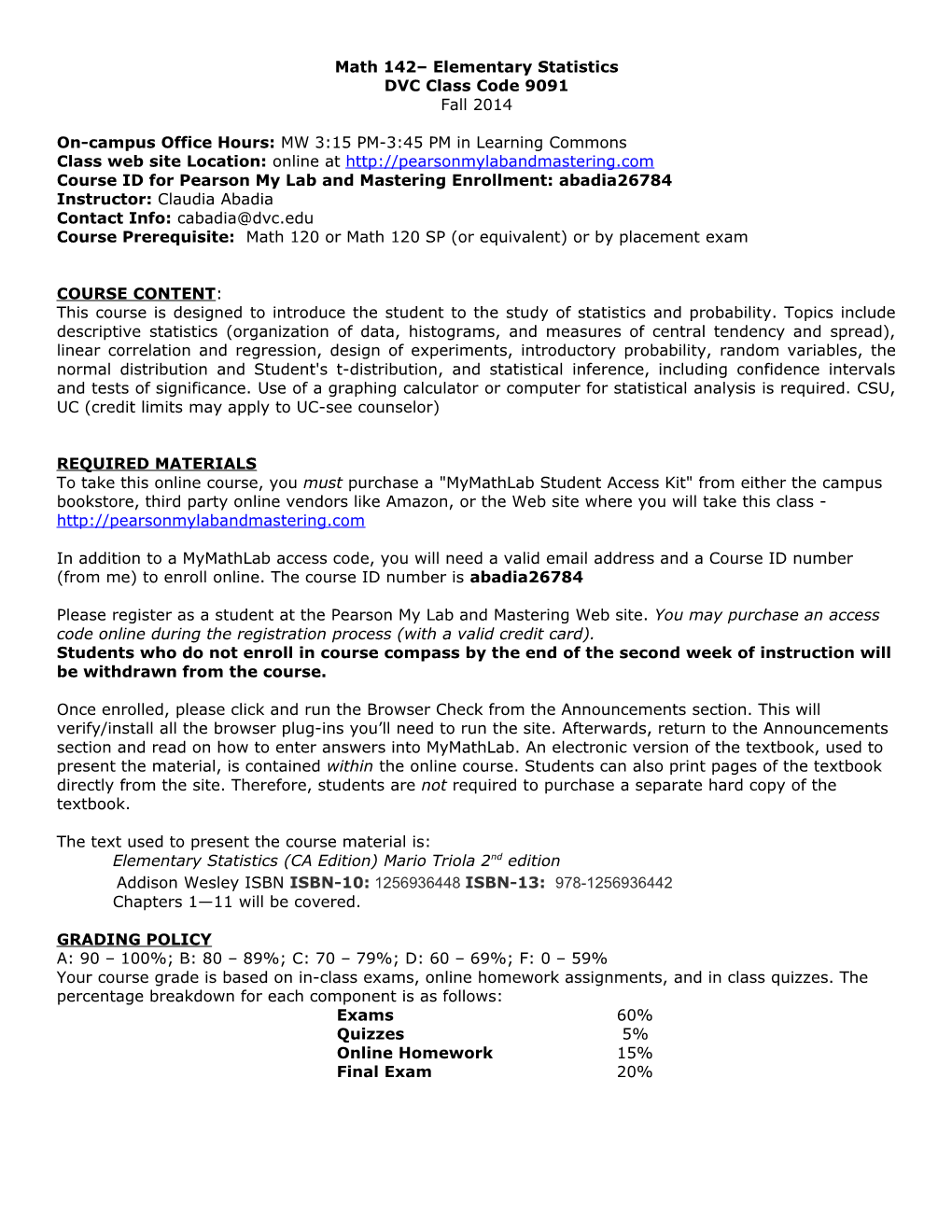 Math 142 Elementary Statistics