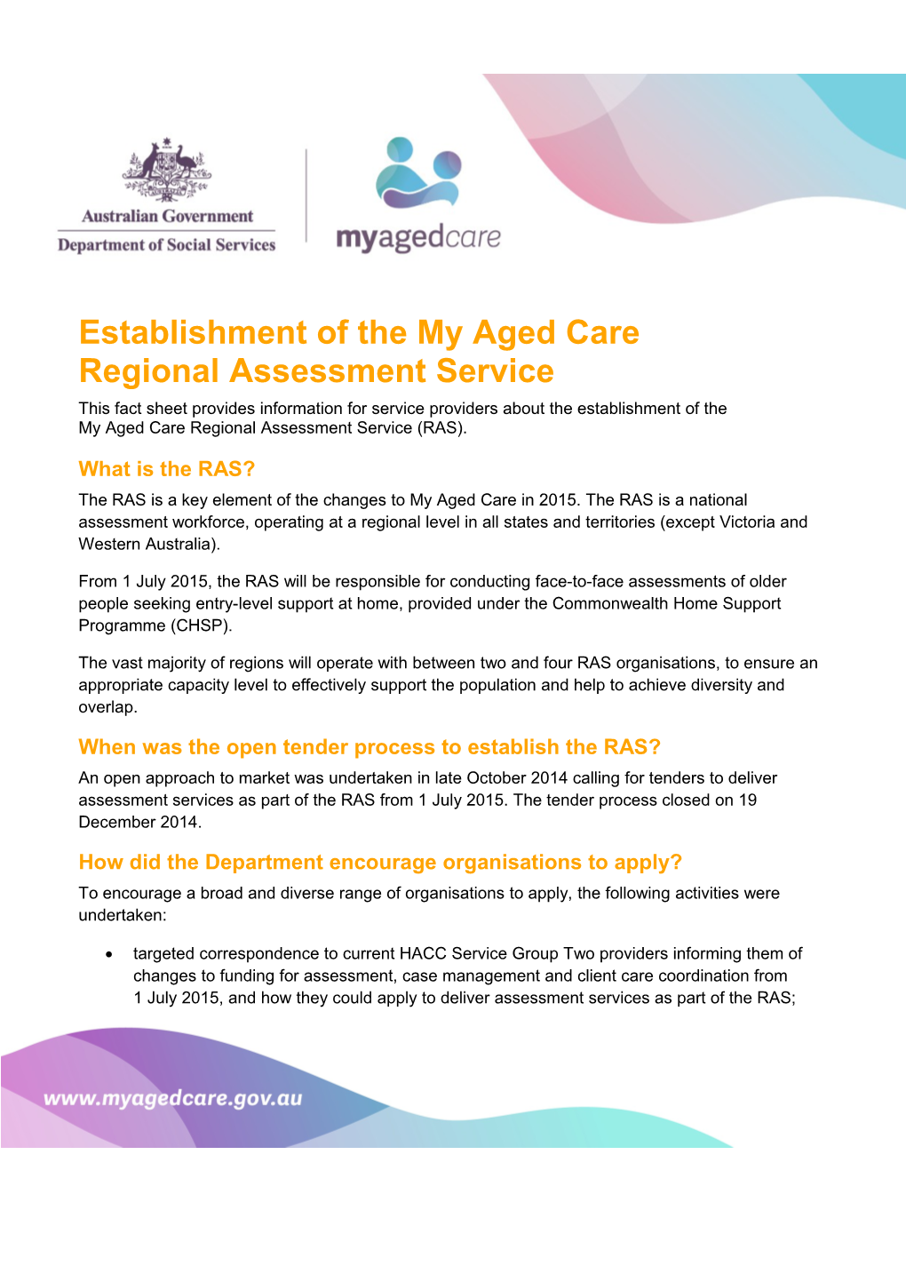 Establishment of the My Aged Care Regional Assessment Service