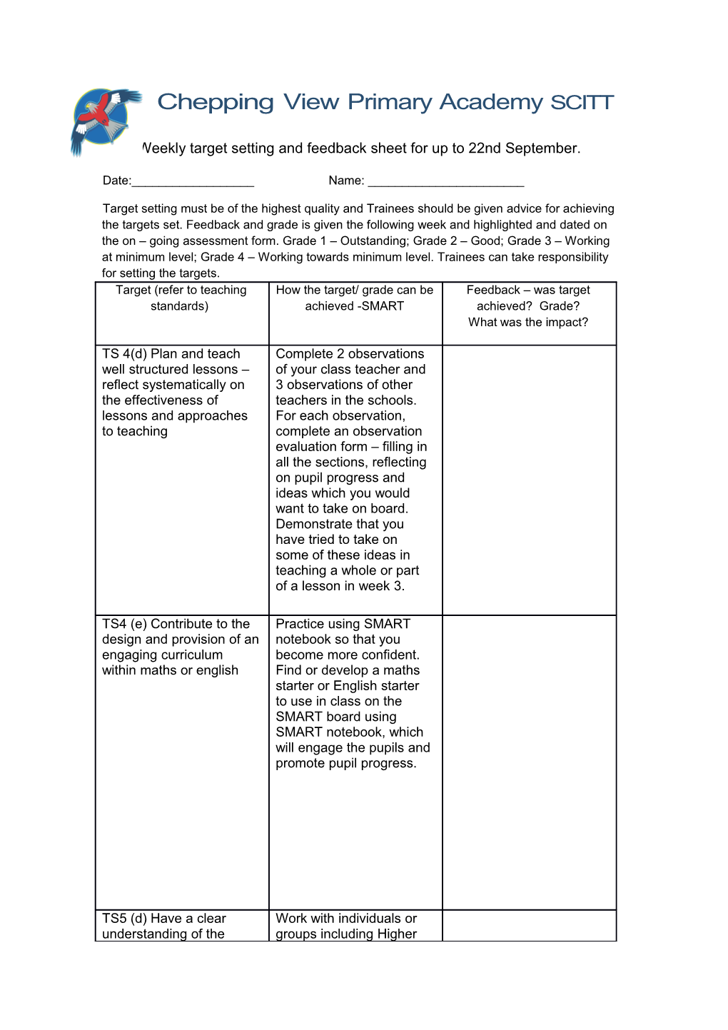 Weekly Target Setting and Feedback Sheet for up to 22Nd September