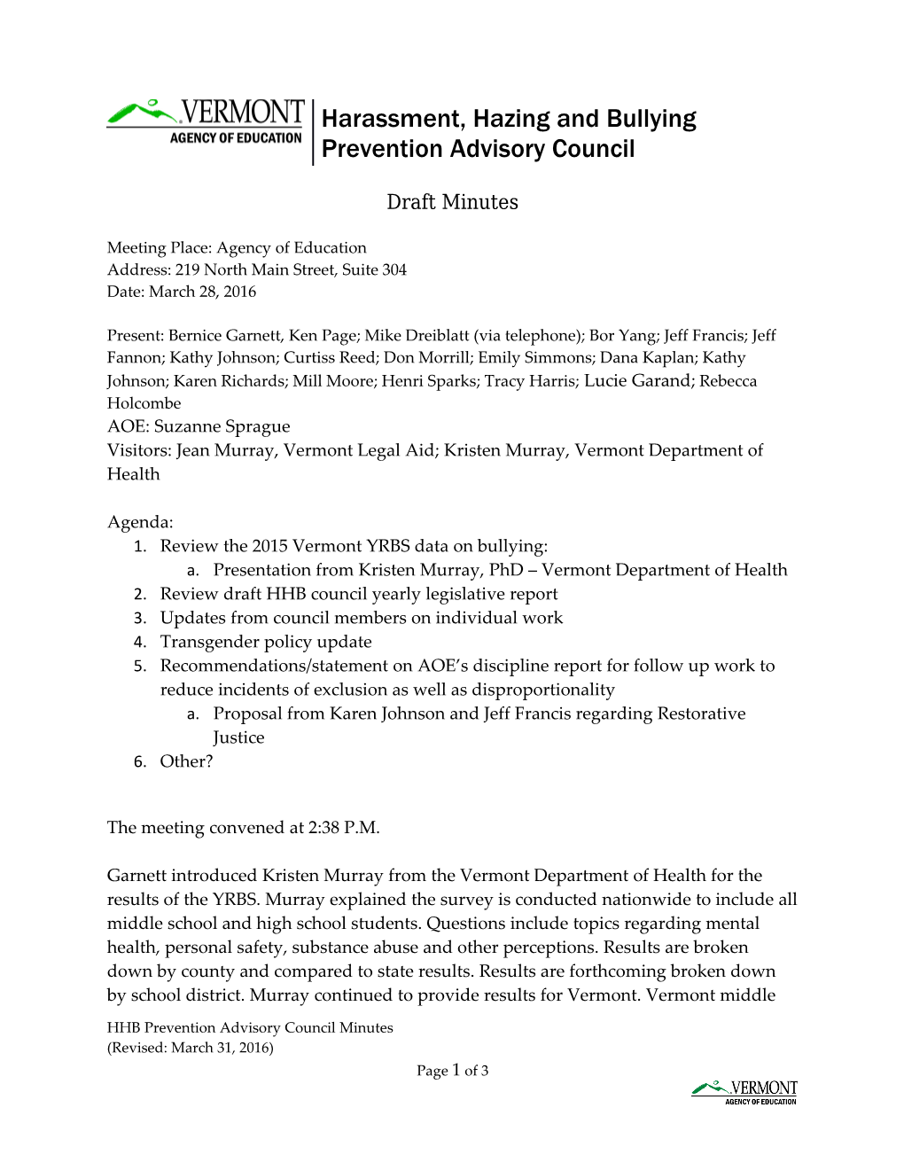 Harassment, Hazing and Bullying Prevention Advisory Council, Draft Minutes