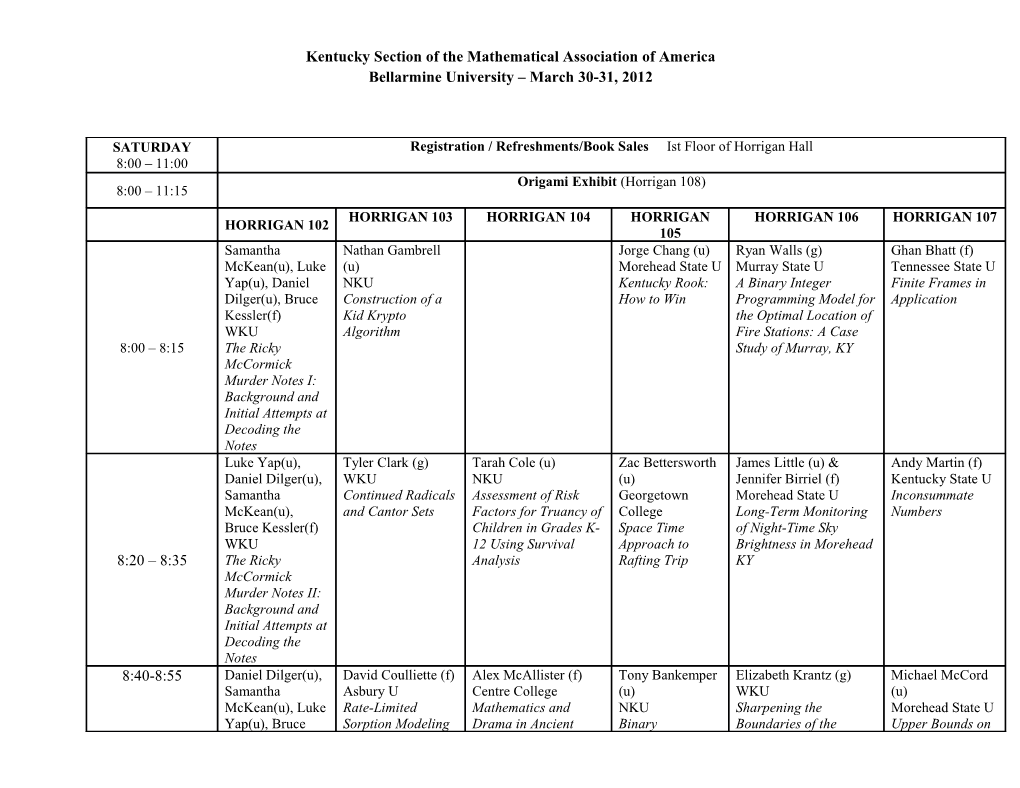 Kentucky Section of the Mathematical Association of America Bellarmine University March