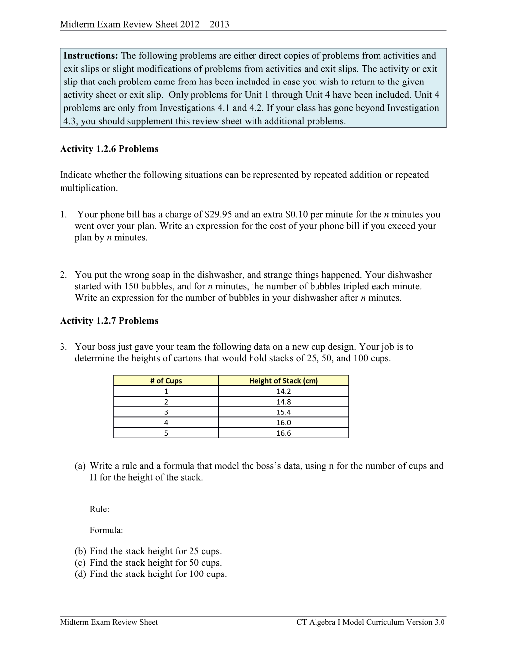 Midterm Exam Review Sheet 2012 2013