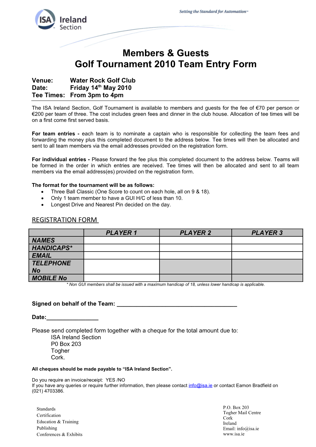 Golf Tournament 2010 Team Entry Form