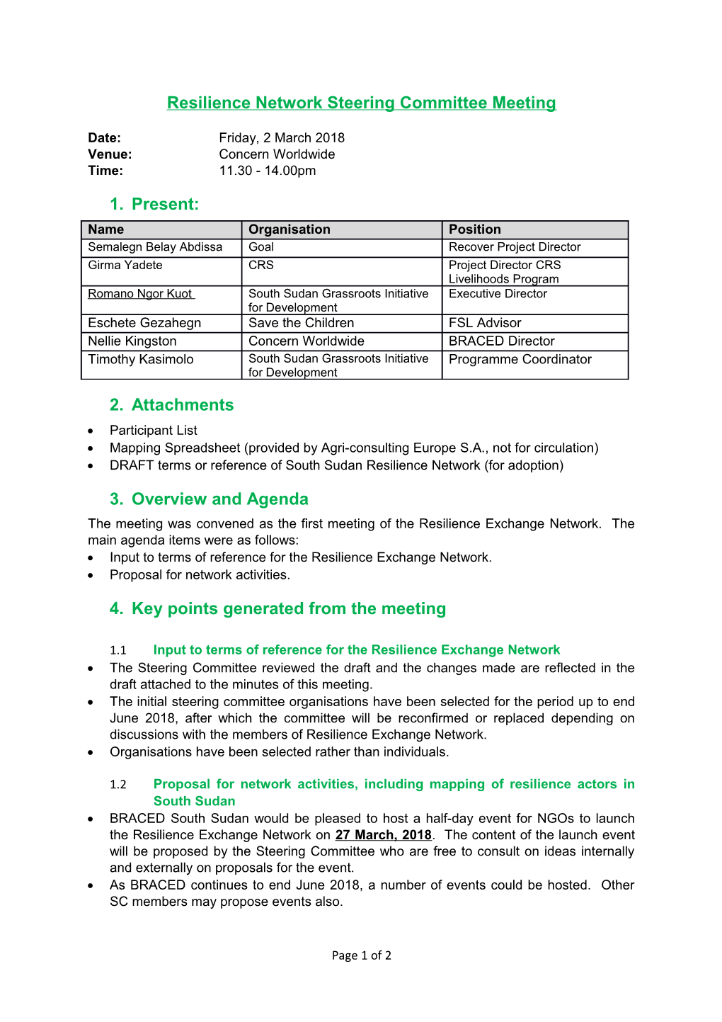 Resilience Network Steering Committee Meeting