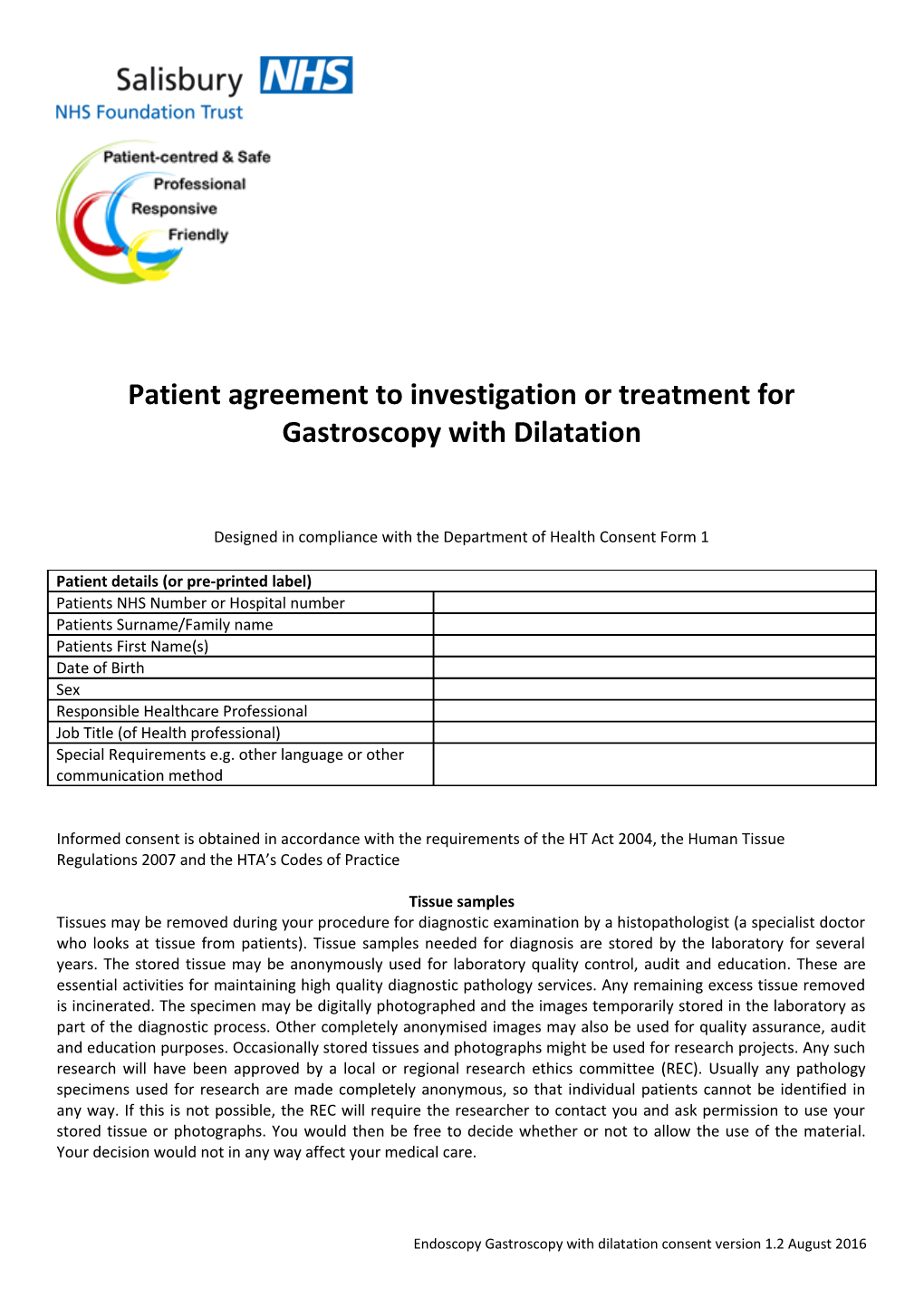 Patient Agreement to Investigation Or Treatment for Gastroscopy with Dilatation