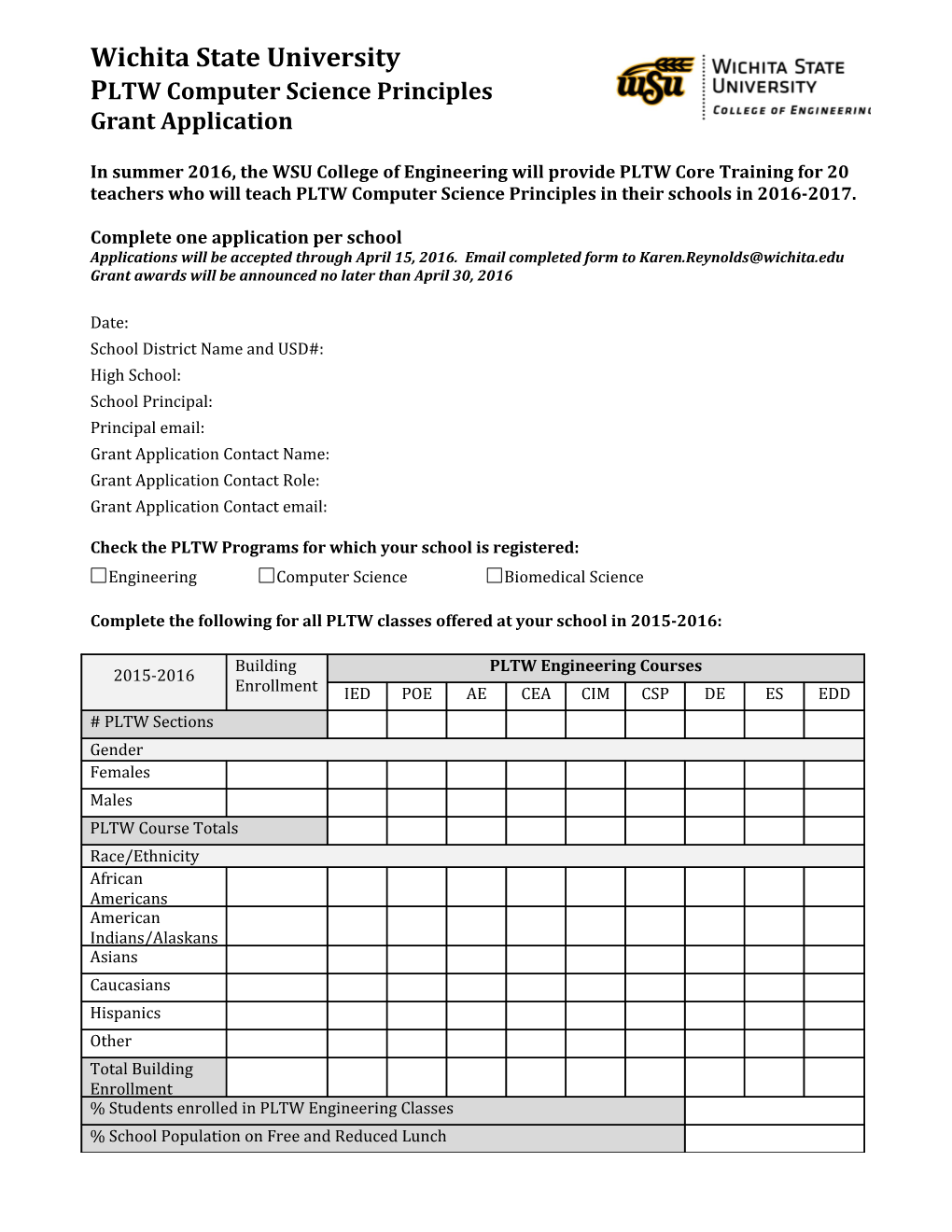 Wichita State University PLTW Computer Science Principles Grant Application