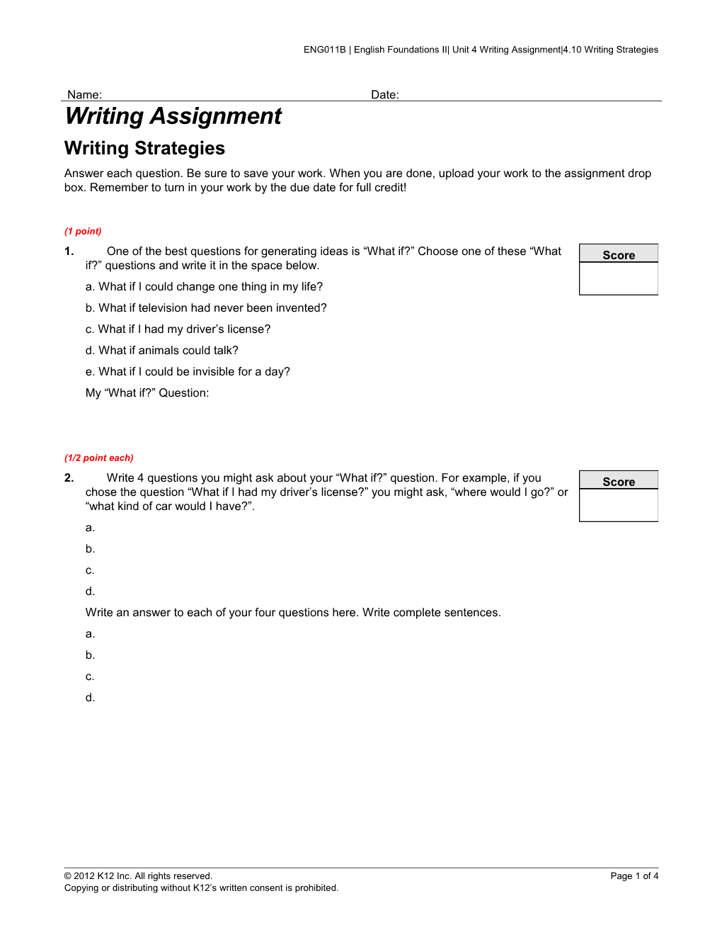 ENG011B English Foundations II Unit 4 Writing Assignment 4.10 Writing Strategies
