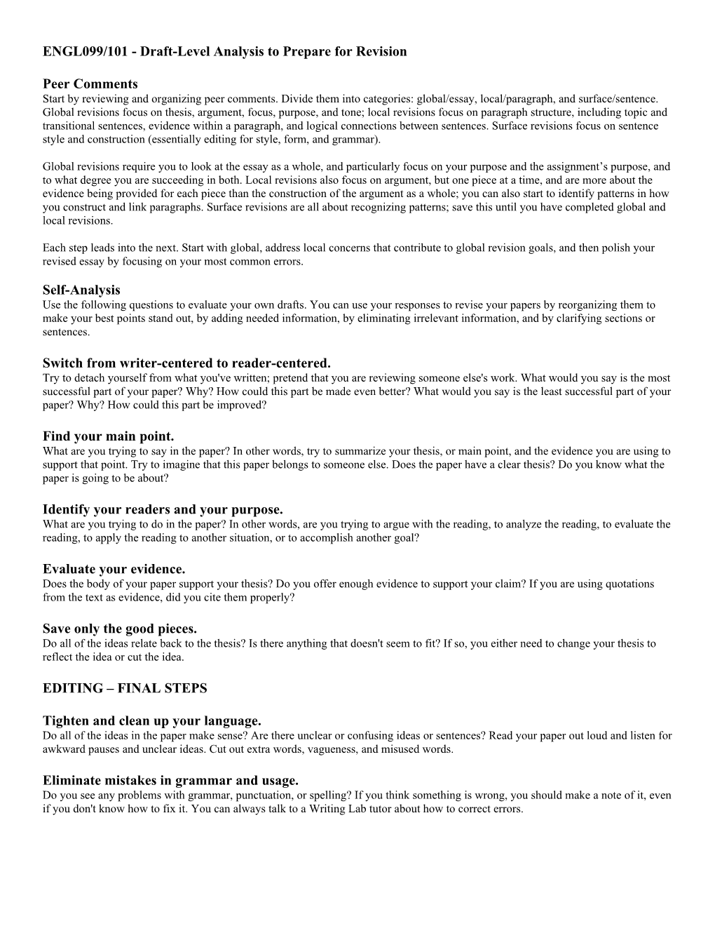 ENGL099/101 - Draft-Level Analysis to Prepare for Revision