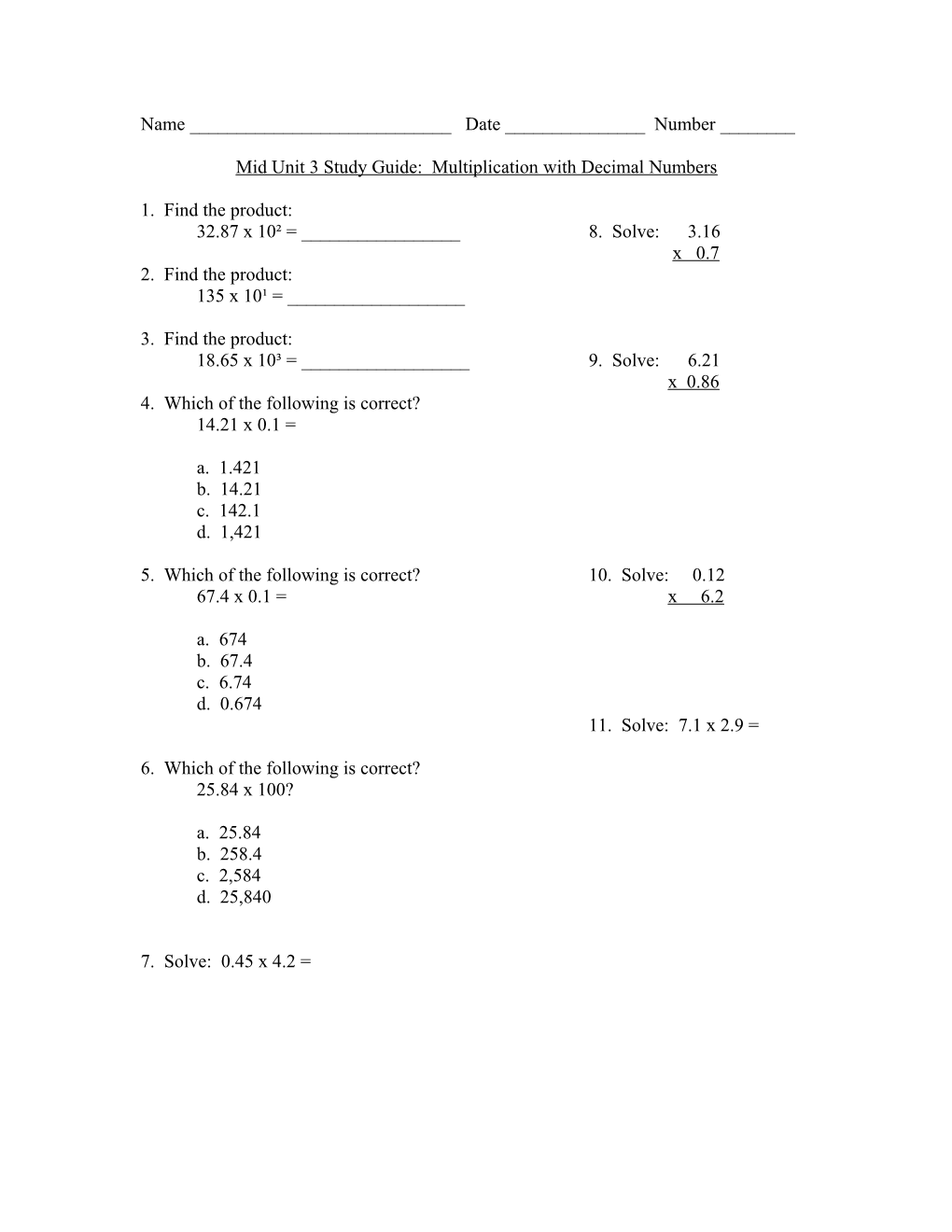 Mid Unit 3 Study Guide: Multiplication with Decimal Numbers