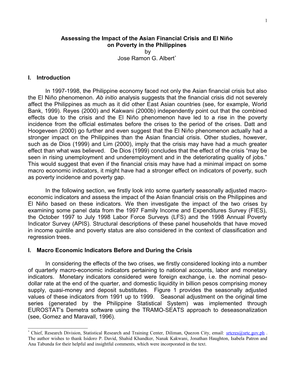 Proposal for Impact Assessment of the Asian Financial Crisis on Poverty in the Philippines