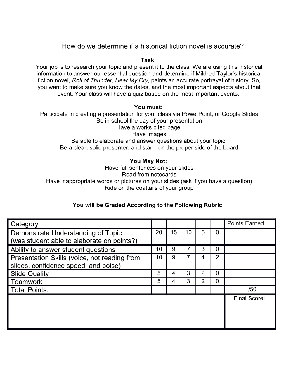 You Will Be Graded According to the Following Rubric