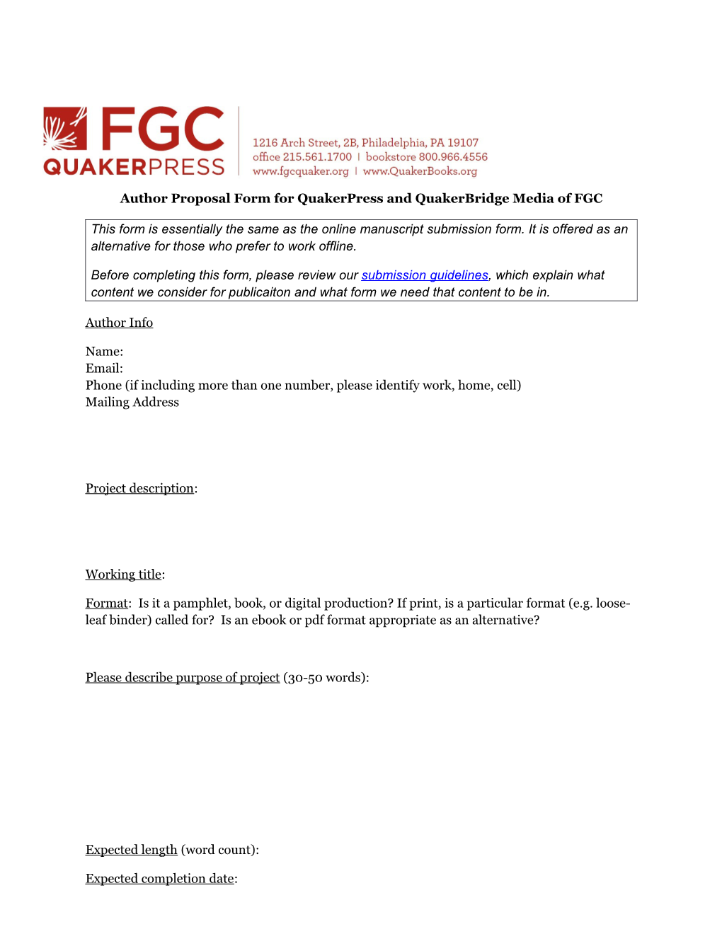 Author Proposal Form for Quakerpress and Quakerbridge Media of FGC