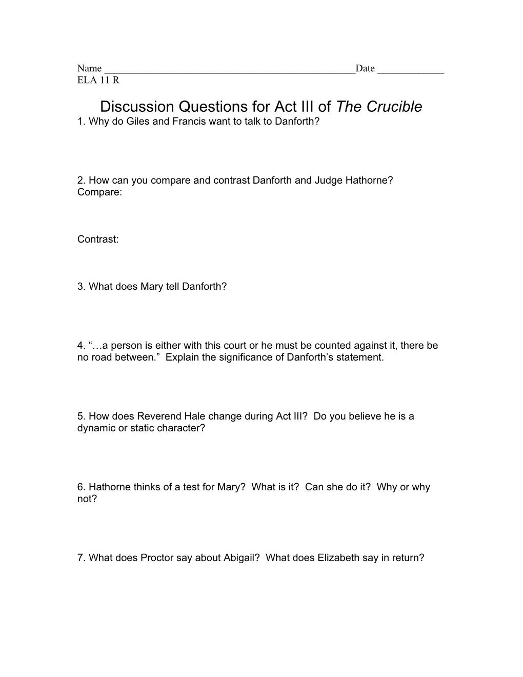 Discussion Questions for Act III of the Crucible