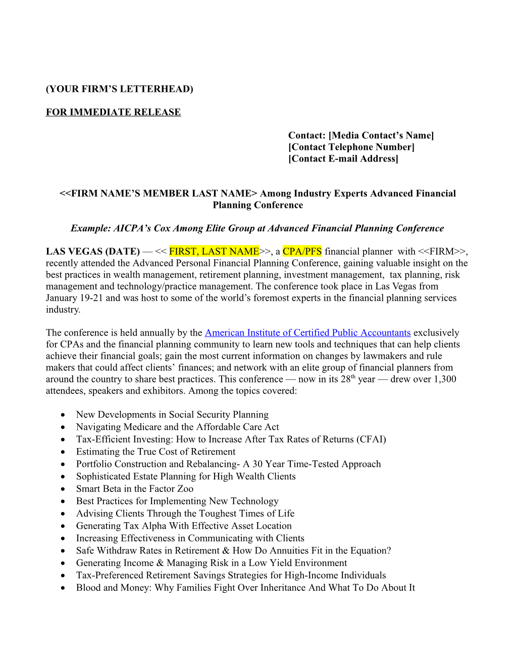 2015 PFP Conference Press Release Template