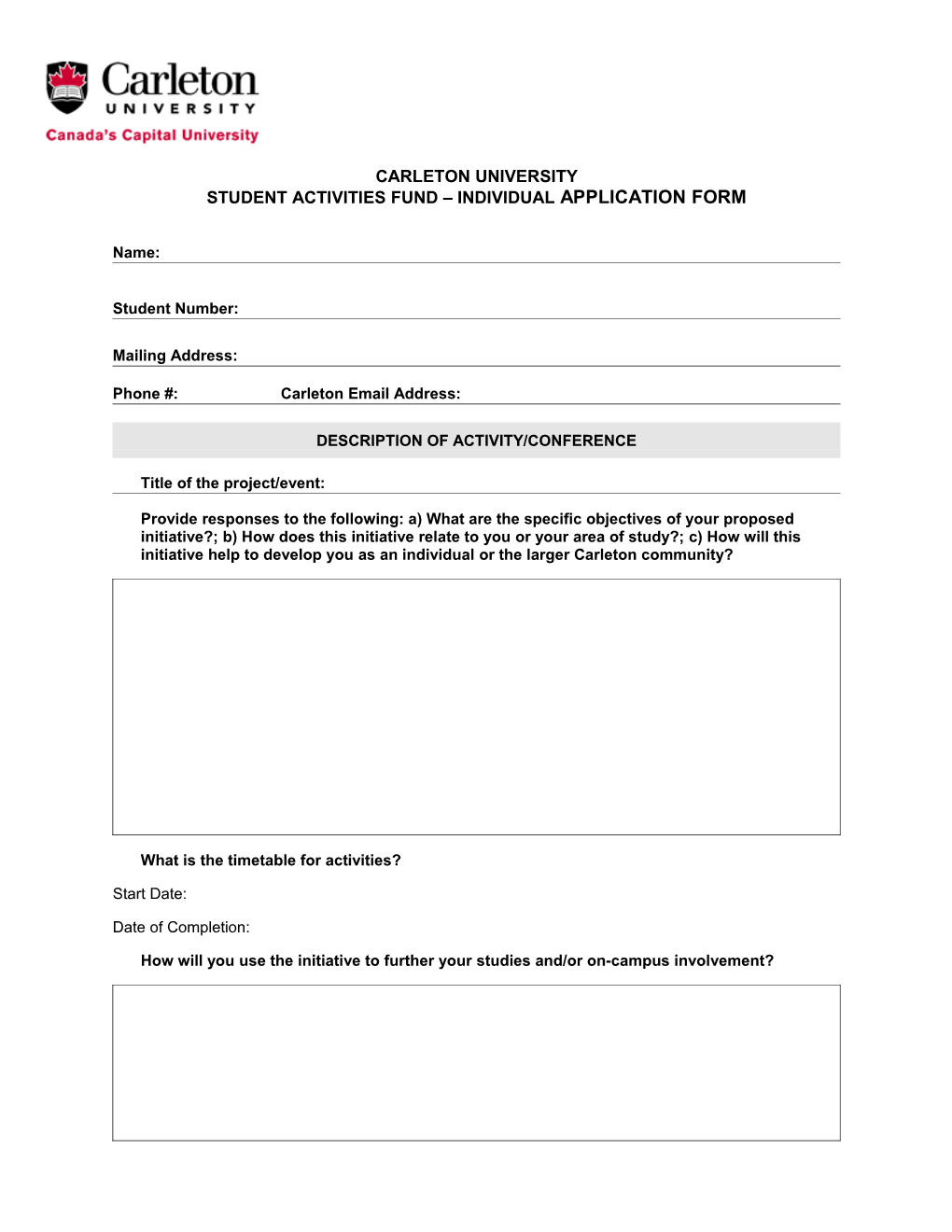 Student Activities Fund INDIVIDUAL APPLICATION FORM