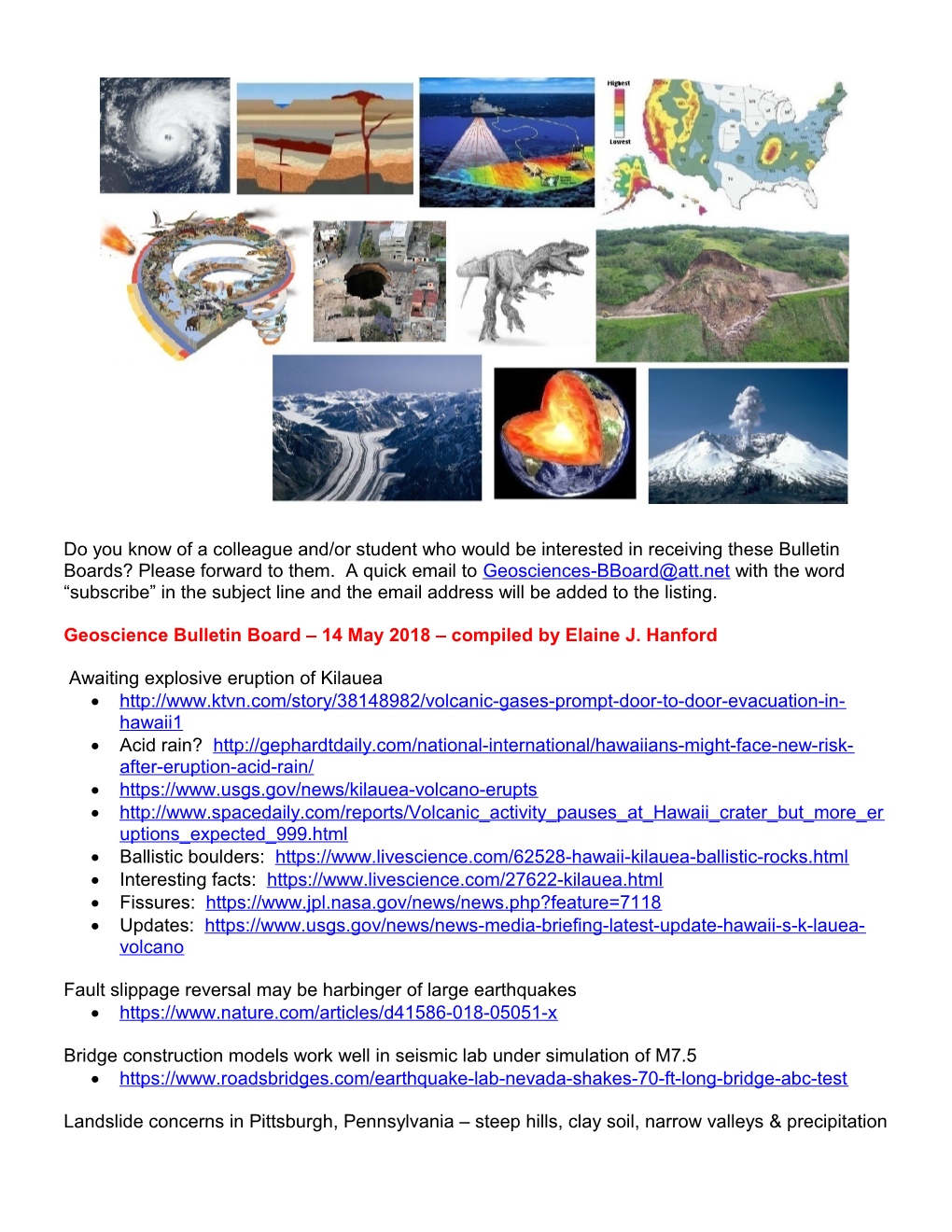 Geoscience Bulletin Board 14 May 2018 Compiled by Elaine J. Hanford