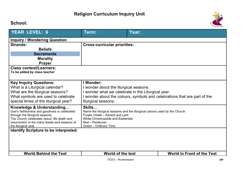 Religion Curriculum Inquiry Unit s1