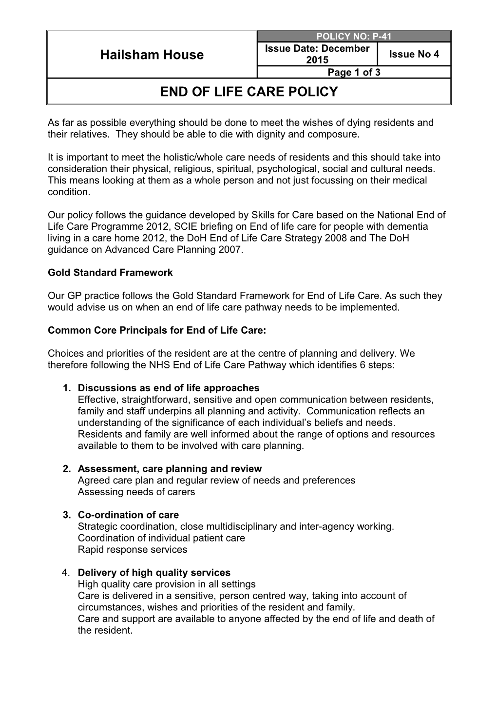 Common Core Principals for End of Life Care