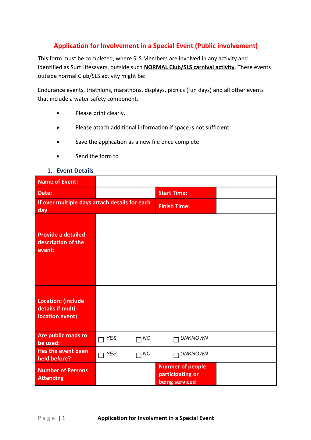 Application for Involvement in a Special Event (Public Involvement)
