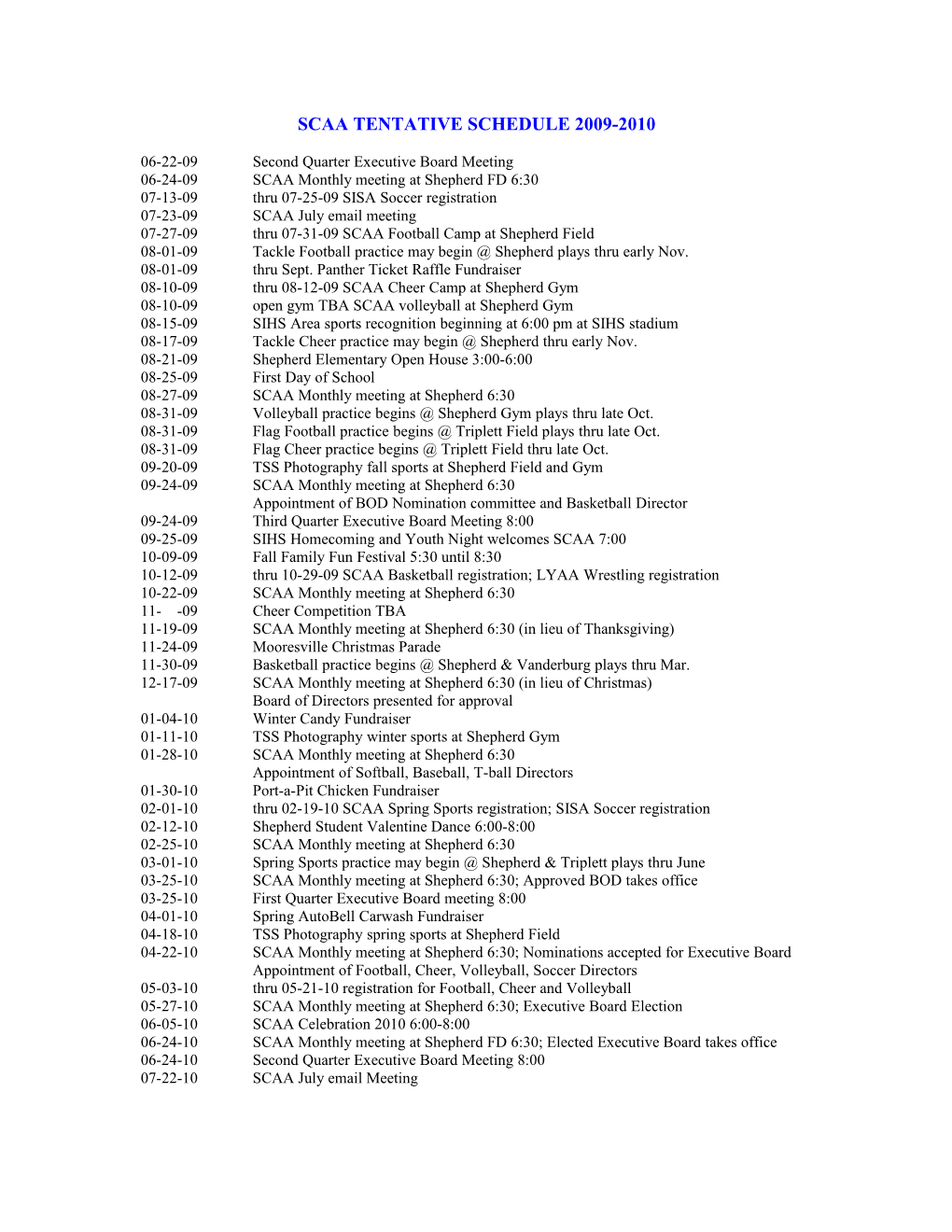 Scaa Tentative Schedule 2009-2010