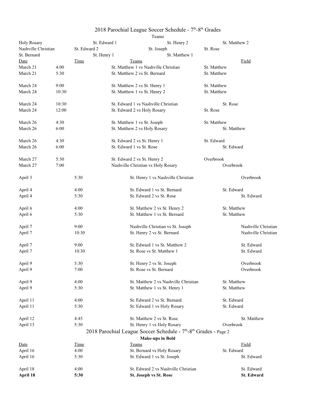 2018 Parochial League Soccer Schedule - 7Th-8Th Grades