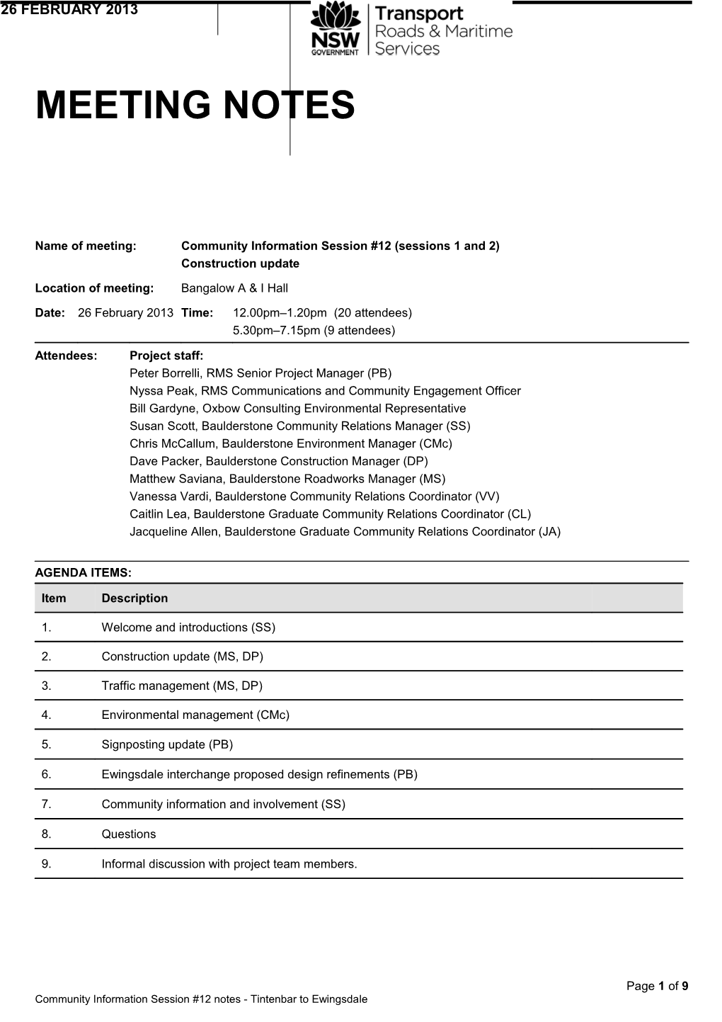 Tintenbar to Ewingsdale - Community Information Session #12, Meeting Notes - February 2013