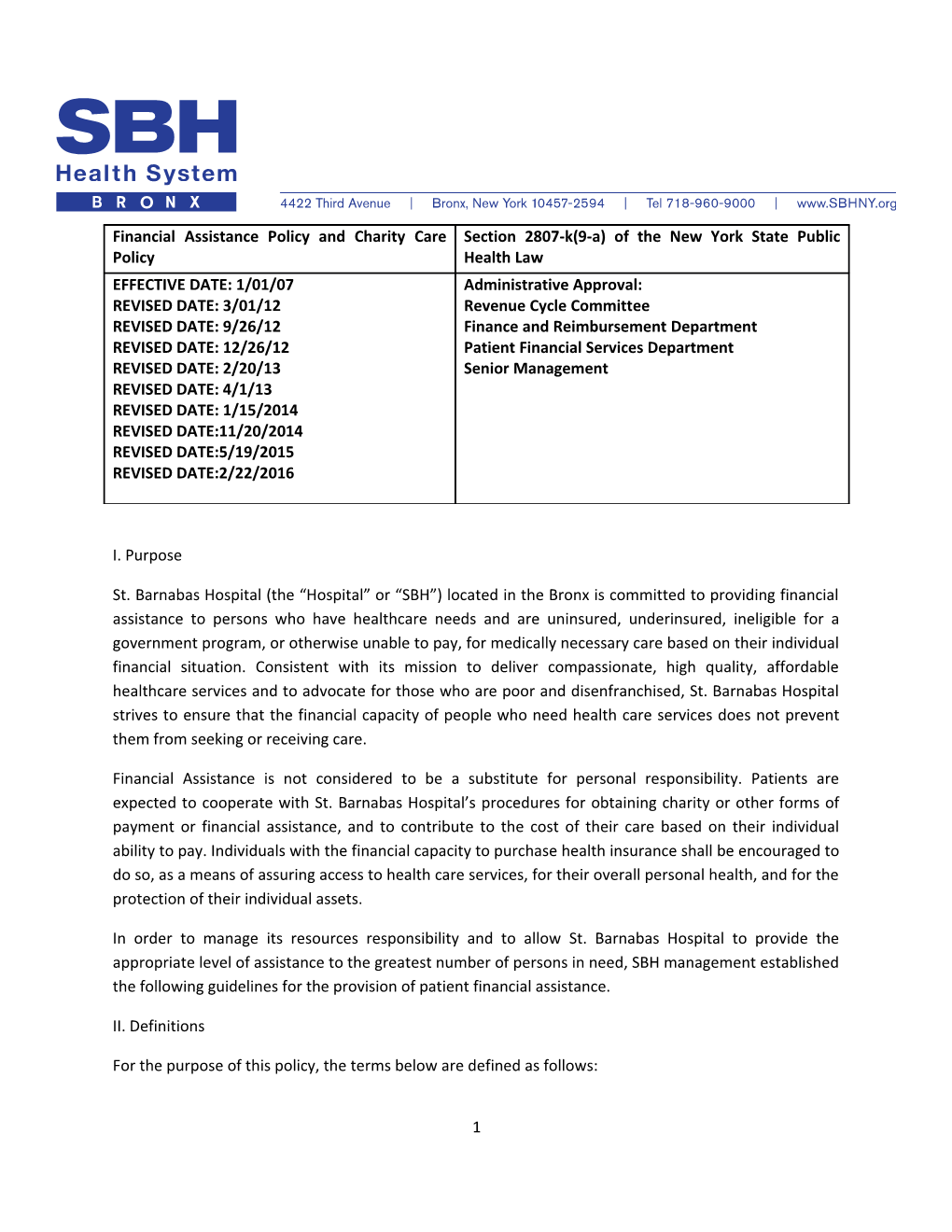 Financial Assistance Policy and Charity Care Policy / Section 2807-K(9-A) of the New York