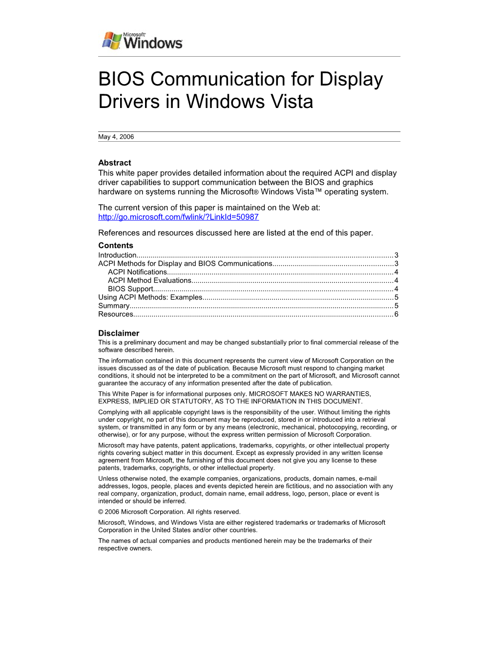 BIOS Communication For Display Drivers In Windows Vista