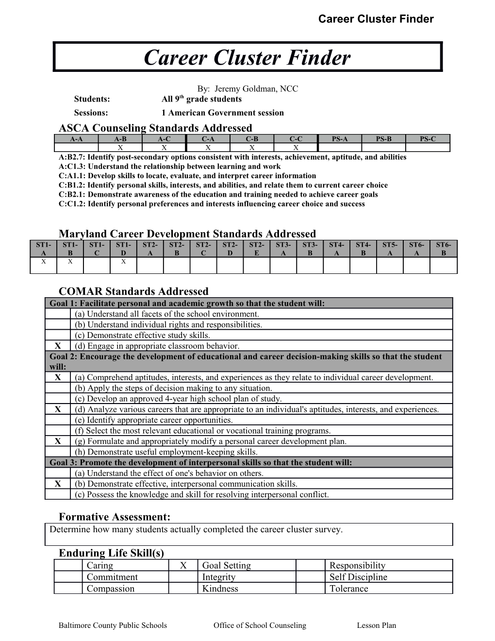 ASCA Counseling Standards Addressed