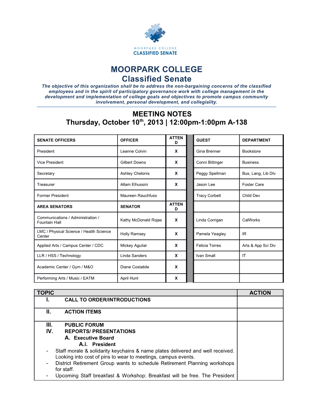 MOORPARK COLLEGE Classified Senate the Objective of This Organization Shall Be to Address