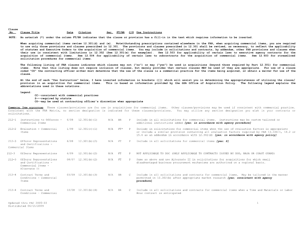 No. Clause Title Date Citation Sec. FT/BR C/P Use Instructions