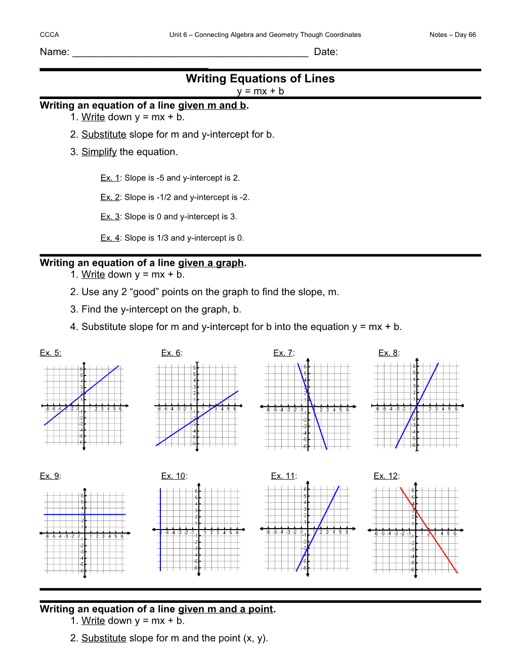 CCCA Unit 6 Connecting Algebra and Geometry Though Coordinates Notes Day 66