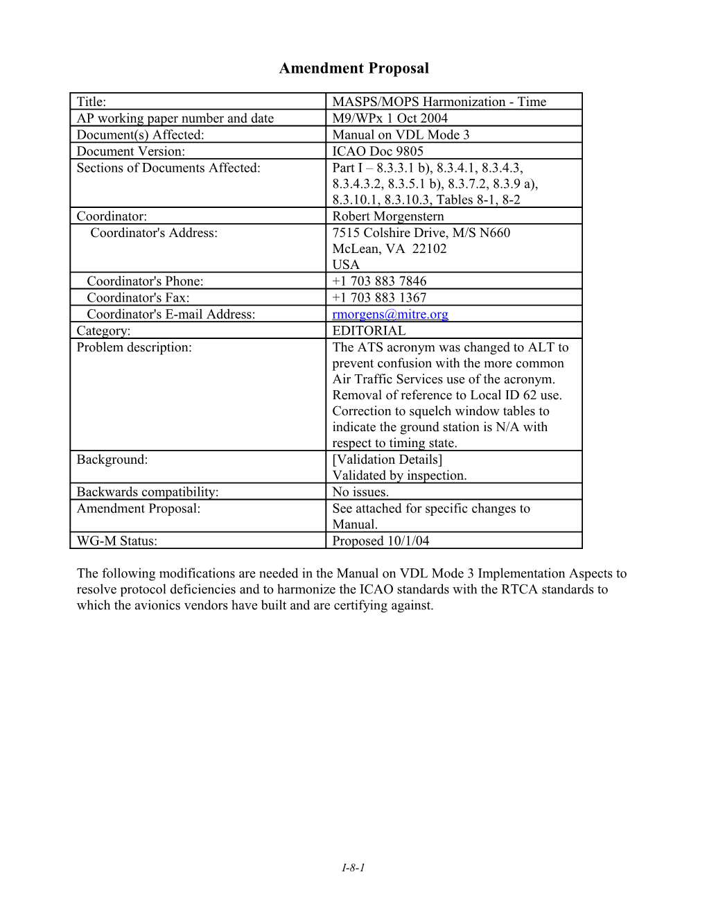 Amendment Proposals for VDL Mode-3 Implementation Manual, Chapter 8