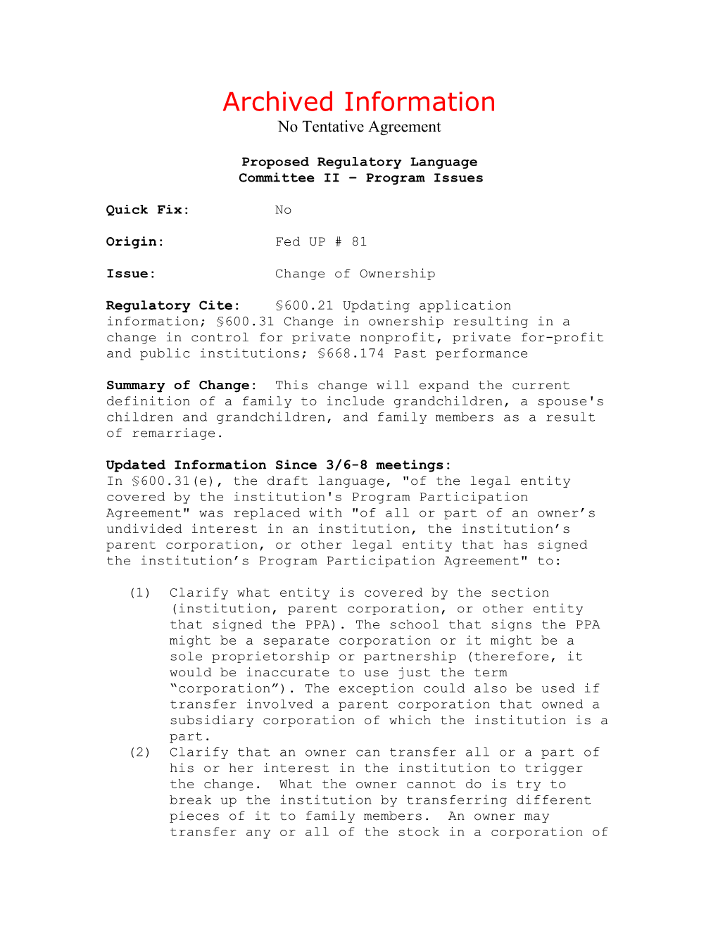 Archived: 2002 Negotiated Rulemaking - Program Issues - No Tentative Agreement (MS Word)